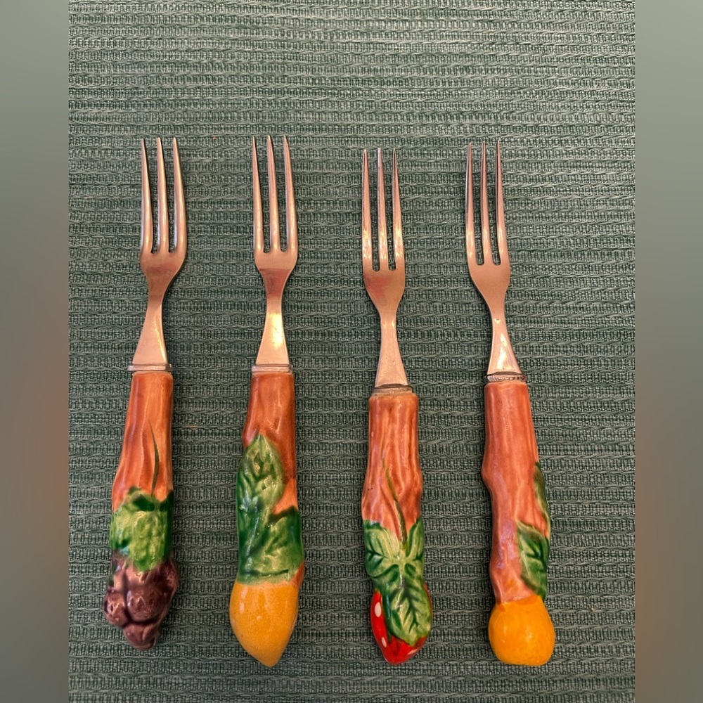 Vintage Enamel Fruit Design Stainless Steel Cocktail Forks Japan - 4